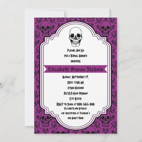 Skulls damask purple black wedding bridal shower invitation