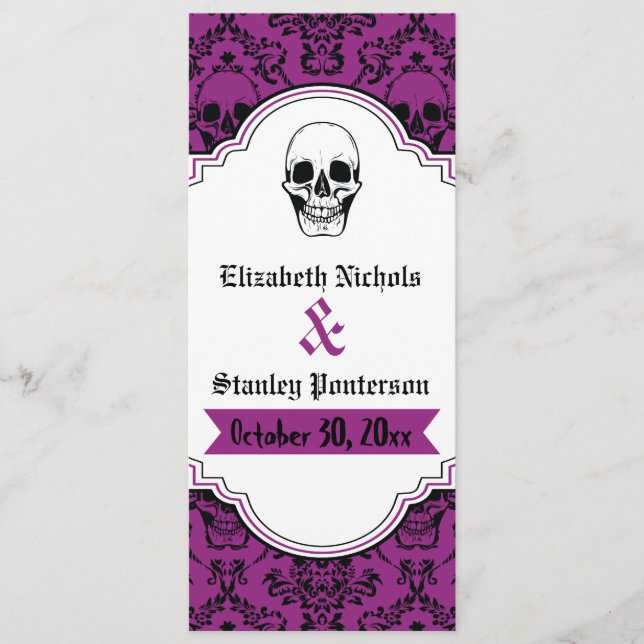 Skulls damask purple, black wedding program (Front)