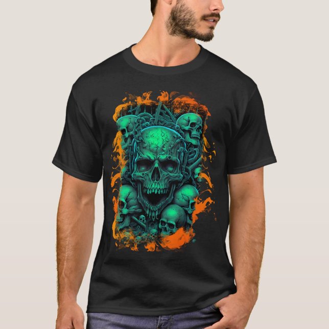 Skulls Flames Scary Green Color Gothic Biker T-Shirt (Front)