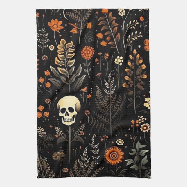 Skulls Flowers and Greenery Black Halloween Kitchen Towel (Vertical)