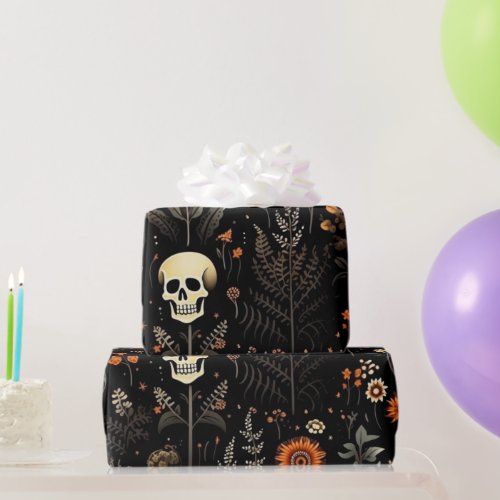 Skulls Flowers and Greenery Black Halloween Wrapping Paper
