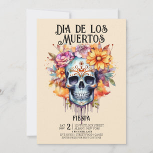 Skulls Flowers Pink Dia de los Muertos Party Invitation