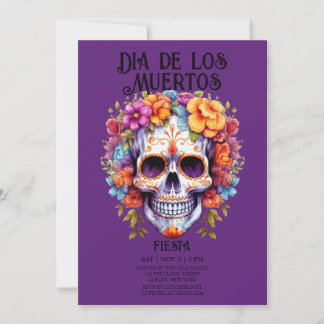 Skulls Flowers Purple Dia de los Muertos Party Invitation