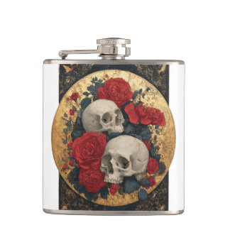 Skulls, gold and roses flask