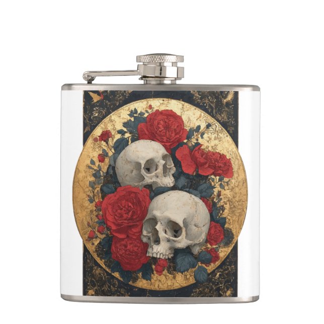 Skulls, gold and roses flask (Front)
