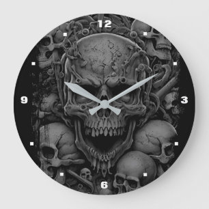 Skulls Grey Black Scary Biker Gothic Halloween Large Clock