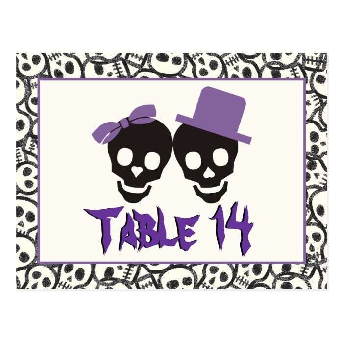 Skulls Halloween purple black wedding table number Postcard