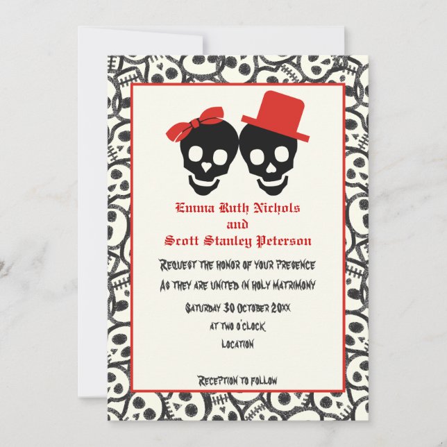 Skulls Halloween red black wedding invitation (Front)