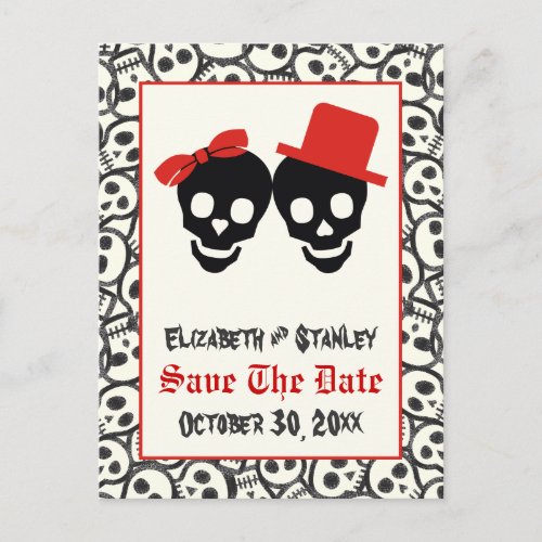 Skulls Halloween red black wedding Save the Date Announcement Postcard