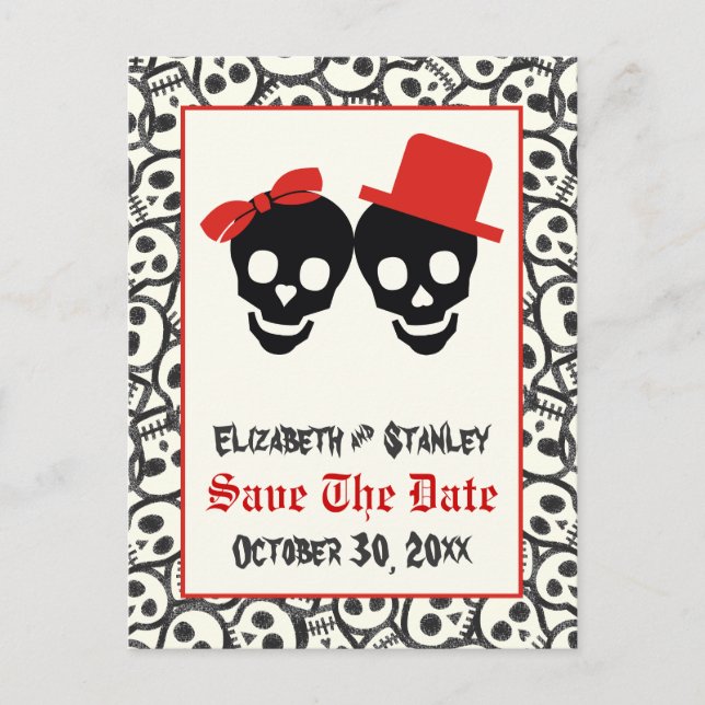 Skulls Halloween red black wedding Save the Date Announcement Postcard (Front)