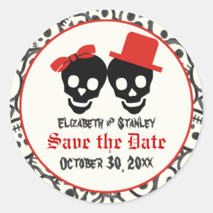 Skulls Halloween red black wedding Save the Date Classic Round Sticker