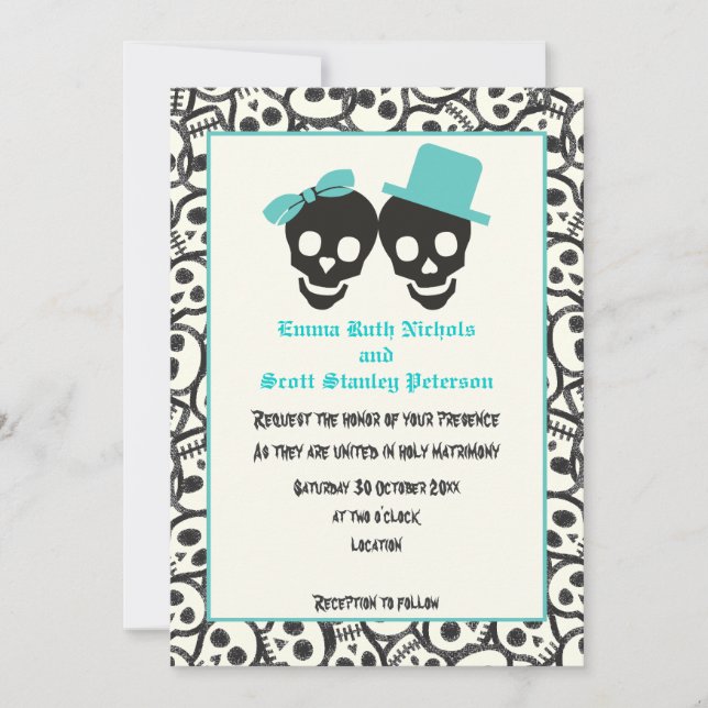 Skulls Halloween turquoise wedding invitation (Front)
