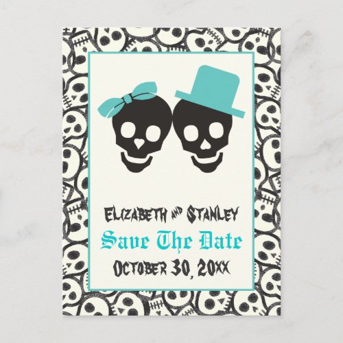Skulls Halloween Turquoise wedding Save the Date Announcement Postcard