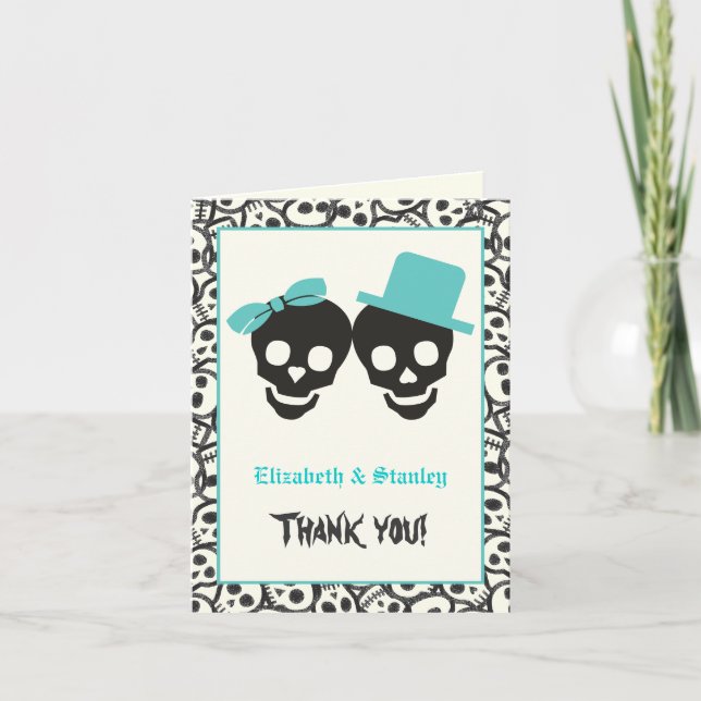 Skulls Halloween turquoise wedding Thank You Card (Front)