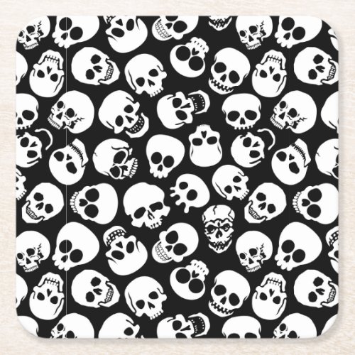 Skulls in Black Background Pattern Square Paper Coaster