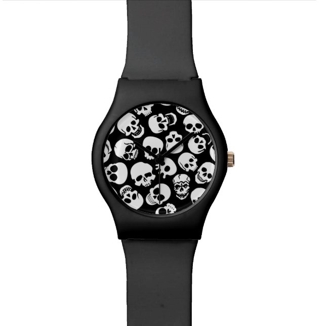 Skulls in Black Background Pattern Watch (Close Up)