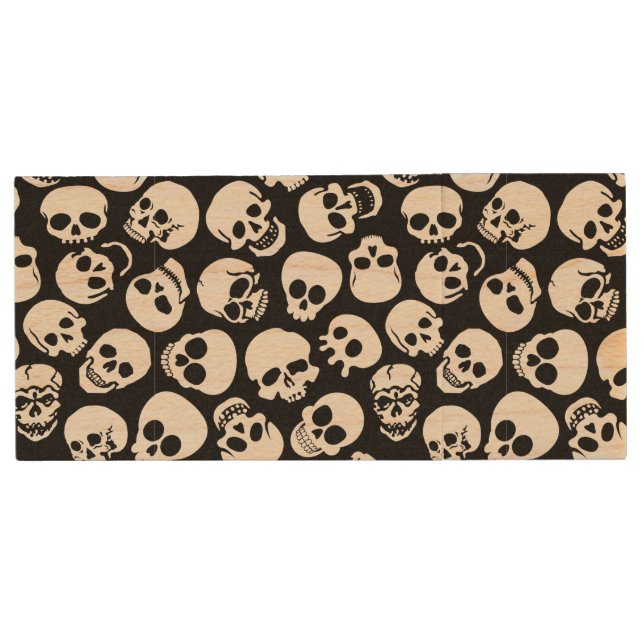 Skulls in Black Background Pattern Wood USB Flash Drive (Front)