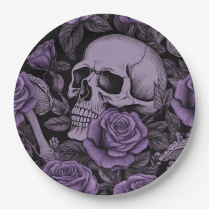 Skulls in Bloom: Purple Rose Pattern, Goth Lovers Paper Plates