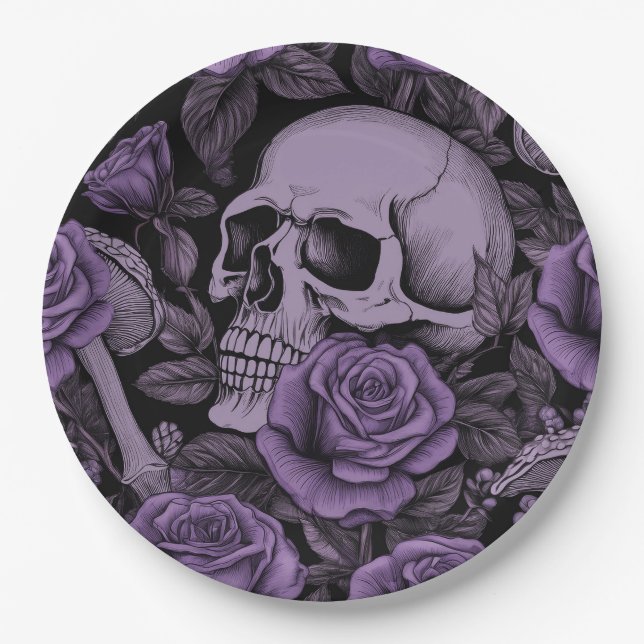 Skulls in Bloom: Purple Rose Pattern, Goth Lovers Paper Plates (Front)