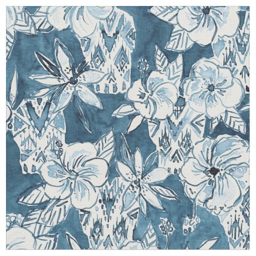 SKULLS IN PARADISE Navy Tropical Hibiscus Pattern Fabric
