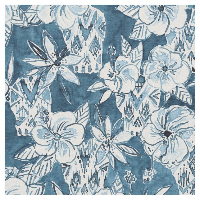 SKULLS IN PARADISE Navy Tropical Hibiscus Pattern Fabric (Close Up)