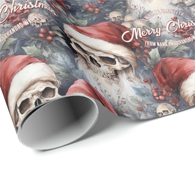 Skulls in Santa Hats Gothic Christmas Wrapping Paper (Roll Corner)