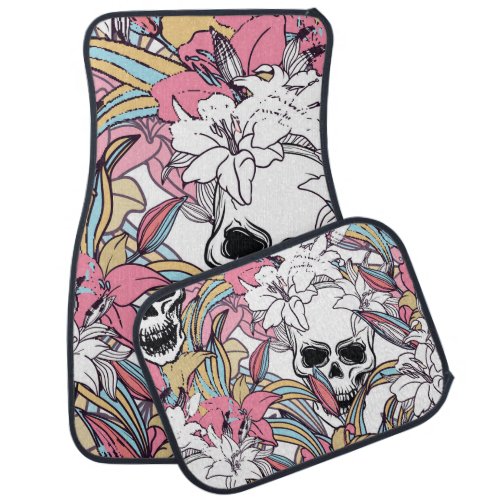 Skulls Lily Flowers Boho Vintage Car Floor Mat