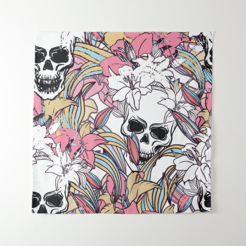 Skulls Lily Flowers Boho Vintage Tapestry