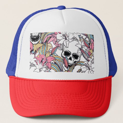 Skulls Lily Flowers Boho Vintage Trucker Hat