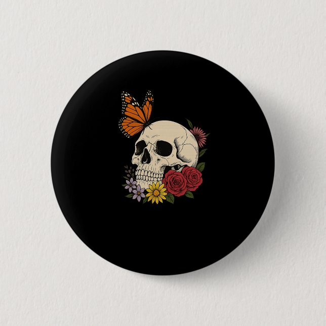 Skulls Monarch Butterfly Flowers Halloween Men Wom Button (Front)