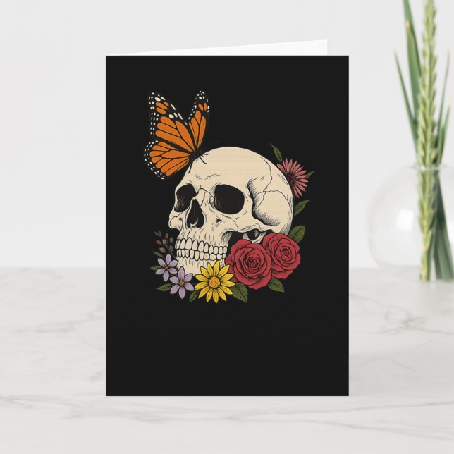 Skulls Monarch Butterfly Flowers Halloween Men Wom Card (Front)