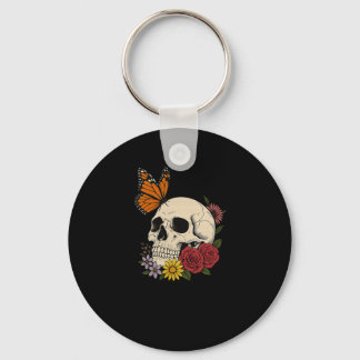 Skulls Monarch Butterfly Flowers Halloween Men Wom Keychain
