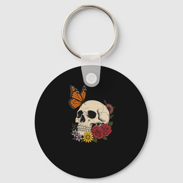 Skulls Monarch Butterfly Flowers Halloween Men Wom Keychain (Front)