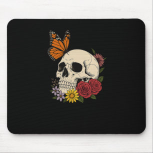 Skulls Monarch Butterfly Flowers Halloween Men Wom Mouse Pad