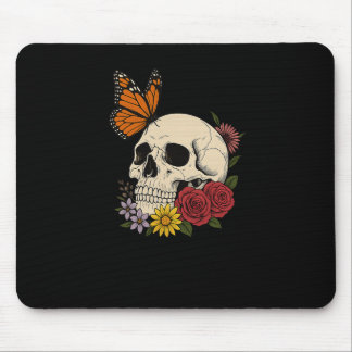 Skulls Monarch Butterfly Flowers Halloween Men Wom Mouse Pad