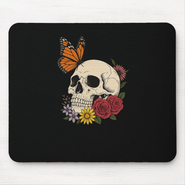 Skulls Monarch Butterfly Flowers Halloween Men Wom Mouse Pad (Front)