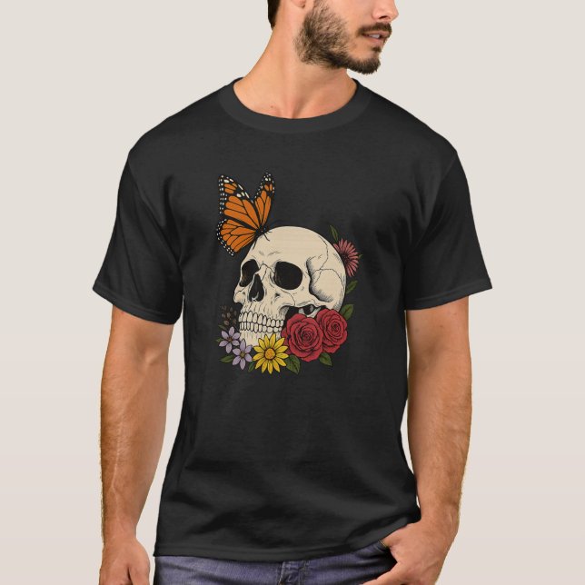 Skulls Monarch Butterfly Flowers Halloween Men Wom T-Shirt (Front)