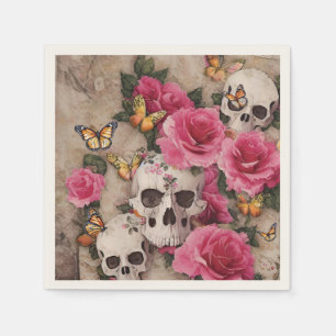 Skulls Pink Roses And Monarch Butterflies Napkins