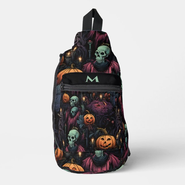 Skulls Pumpkins Black Gothic Sling Bag (Front)