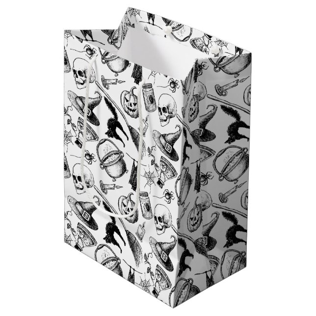 Skulls Pumpkins Broomsticks Bats Halloween Medium Gift Bag (Front Angled)