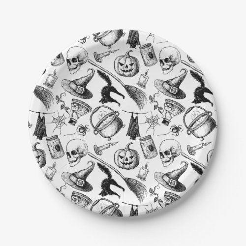 Skulls Pumpkins Broomsticks Bats Halloween Paper Plates