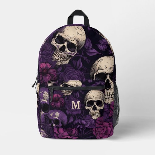 Skulls Purple Black Floral Printed Backpack