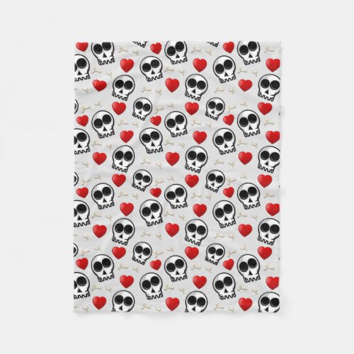 Skulls  Red Hearts Halloween Pattern Fleece Blanket