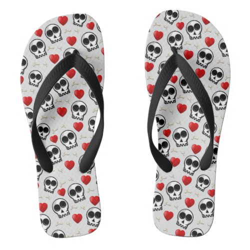 Skulls  Red Hearts Halloween Pattern Flip Flops