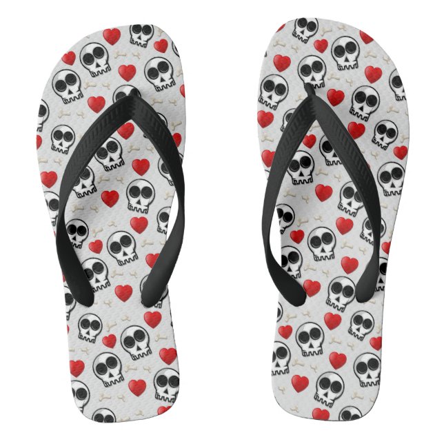 Skulls & Red Hearts Halloween Pattern Flip Flops (Footbed)