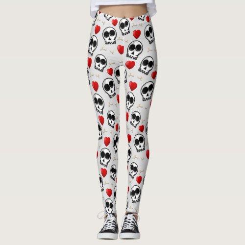 Skulls  Red Hearts Halloween Pattern Leggings