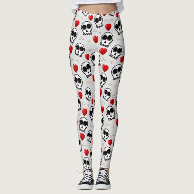 Skulls & Red Hearts Halloween Pattern Leggings (Front)