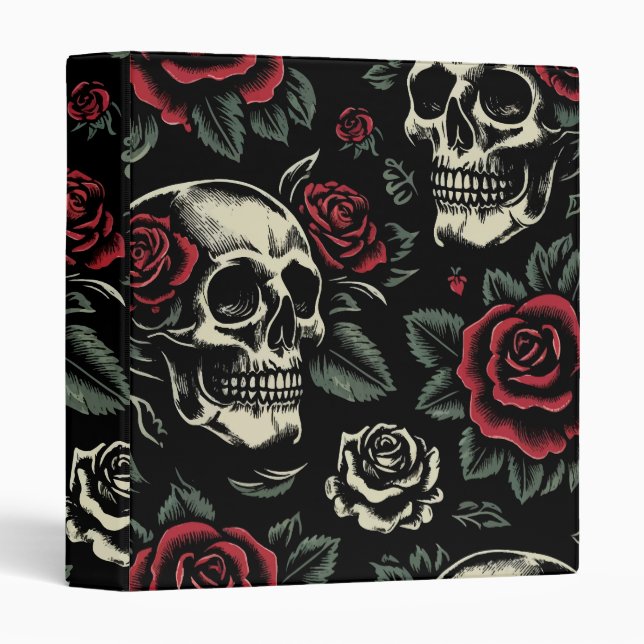 Skulls & Red Roses Gothic Floral  3 Ring Binder (Front/Spine)