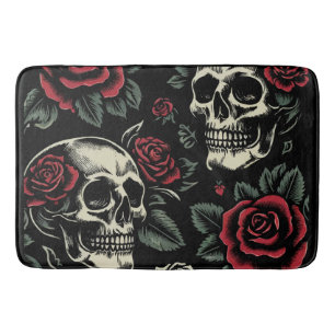 Skulls & Red Roses Gothic Floral Bath Mat