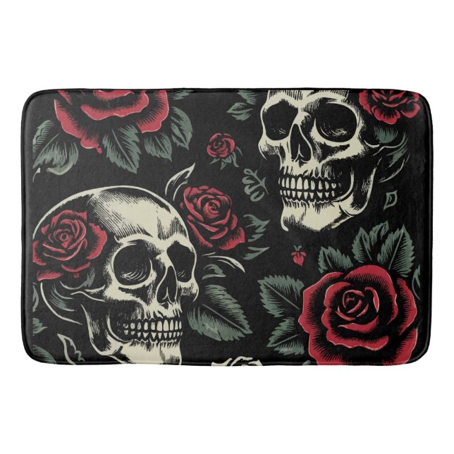 Skulls & Red Roses Gothic Floral  Bath Mat (Front)